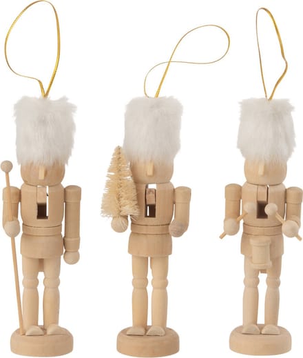 J-Line kersthanger Notenkrakers - hout/bont - naturel/wit - doos van 3
