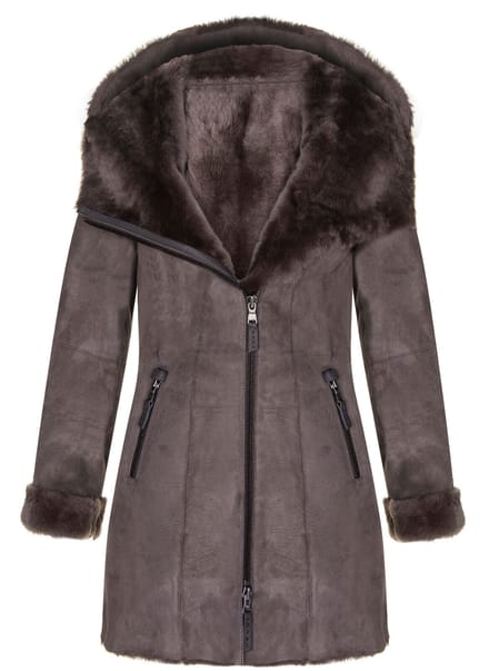 Dames merino schapenvacht jas met capuchon-antiek