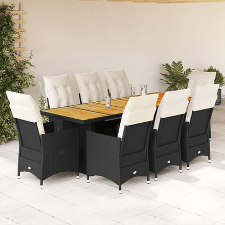 vidaXL - 9-delige - Bistroset - met - kussens - poly - rattan - zwart