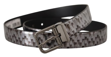 Dolce & Gabbana Grijze Haringbone Leren Grijze 3D Metaal Gesp Riem