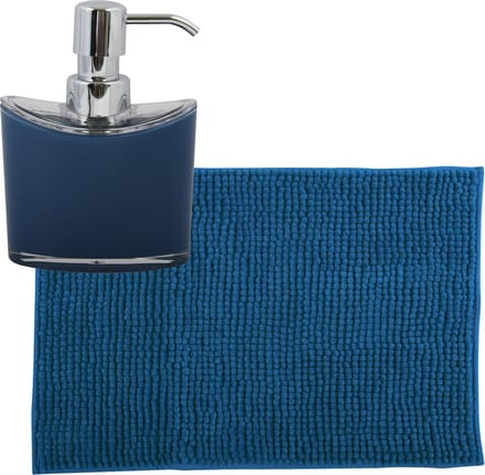MSV badkamer droogloop mat/tapijtje - 40 x 60 cm - en zelfde kleur zeeppompje 260 ml - blauw