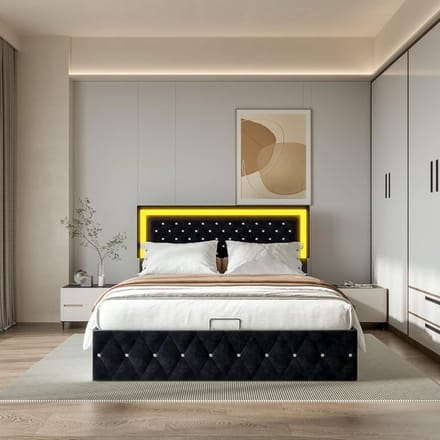 Upholstered Double Bed, 180 x 200 cm, Hydraulic Storage Bed with LED Headboard, Window Decoration, Functional Bed Frame with Storage Space and Slatted Frame, Velvet, Without Mattress (Black, 180 x 200