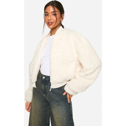 boohoo Dames Nepbont Bomberjack | White | Maat: 14