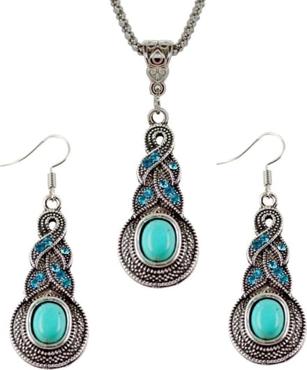 Fako Bijoux® - Sieradenset - Tibetaanse Stijl - Zilverkleurig - Pendule - Turquoise