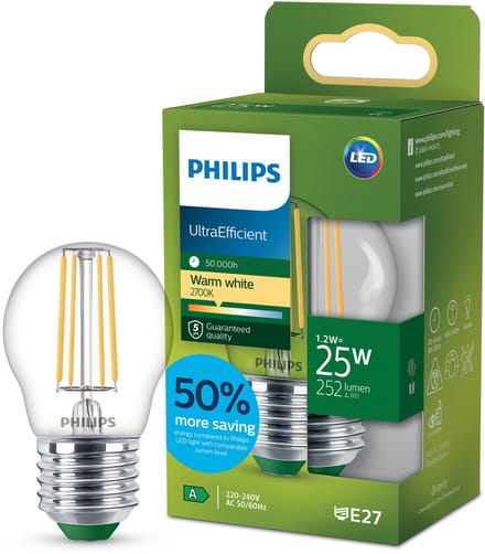 Philips UltraEfficient LED lamp - 25W - E27 fitting - Warmwit licht: 2700K - Helder glas - P45 kogellamp - Lange levensduur
