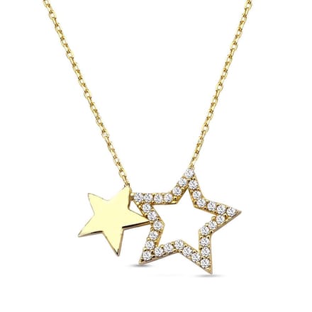 18K Goud Dubbel Ster met Kristal Ketting - 40cm +5cm