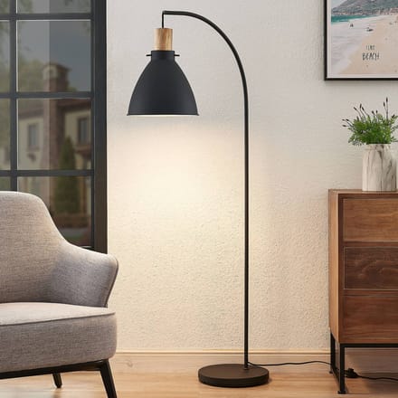Lindby - vloerlamp - 1licht - IJzer, eucalyptushout - H: 154 cm - E27 - zwart, licht hout