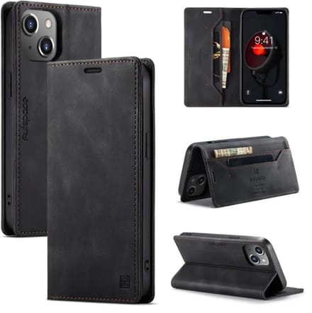 Luxe Flip Case met RFID Bescherming Kaarthouder en Magneetsluiting voor iPhone 14 Plus _ Zwart