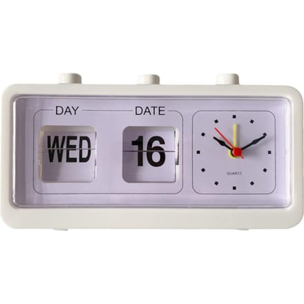 Bureau- en tafelwekker met handmatige springkalender, bureauwekker voor studeerkamer, kantoor, wit wit