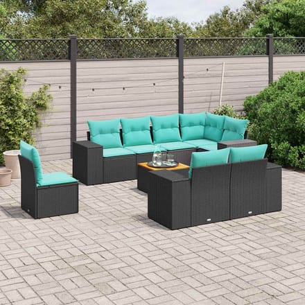 vidaXL - 9-delige - tuinbankset - met - kussens - van - zwart - polyrotan