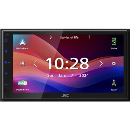 JVC Autoradio met scherm dubbel DIN Apple CarPlay, Android Auto, Aansluiting voor achteruitrijcamera, DAB+ tuner, Bluetooth handsfree