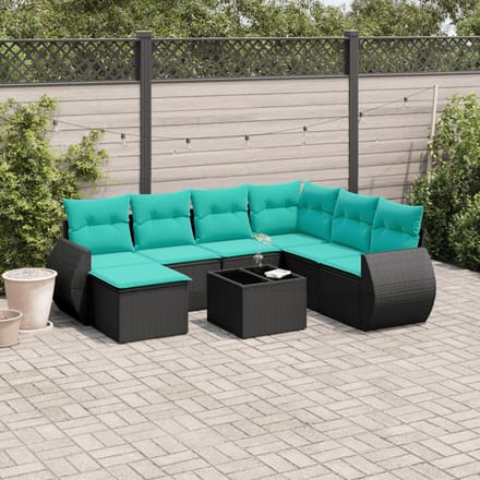 vidaXL - 8-delige - tuinbankset - met - kussens, - zwart - polyrotan