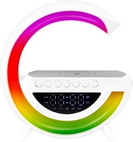 LED G-Shape RGB Bureaulamp met bluetooth speaker, klok en draadloos opladen - 235mm