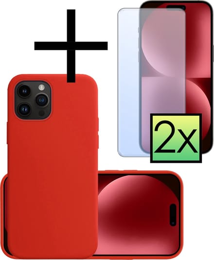 Hoesje - Met 2x Screenprotector - Geschikt voor Apple iPhone 15 Pro - Sterk & Shockproof - Back Cover - Siliconen Case - Telefoon Hoes - Rood