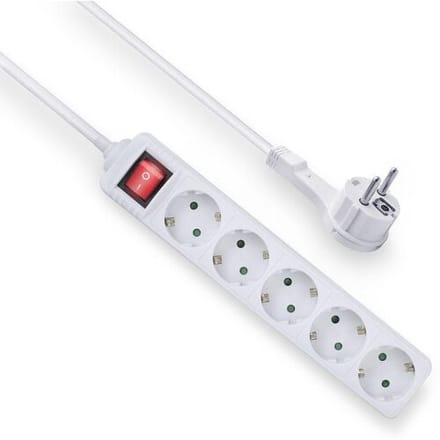 ACT Stekkerdoos met lichtgevende schakelaar en platte stekker, 5 sockets, 1,5 m, wit