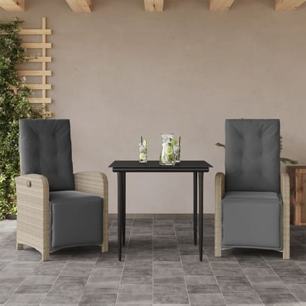vidaXL - 3-delige - Bistroset - met - kussens - poly - rattan - lichtgrijs