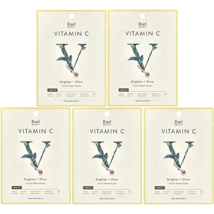 Rael, Vitamine C, Masque Beauté Visage Éclaircissant + Éclat, 5 feuilles, 25 ml (0,84 fl oz) chaque beige