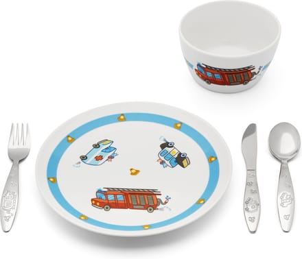 Zilverstad - Kinderservies Hulpdiensten 5-delig porselein/RVS (kinderbestek + servies)