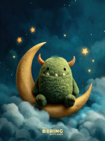 Kinderkoffer blauw - Groen monster op maansikkel