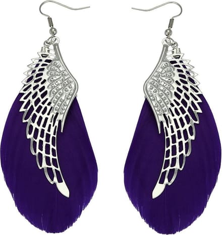 Fako Bijoux® - Oorbellen - Veren Met Vleugels - Paars