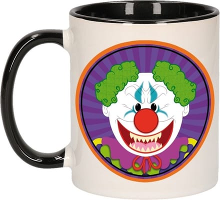 Bellatio Decorations Halloween horror clown mok - keramiek - 300 ml - magnetronbestendig - zwart/wit