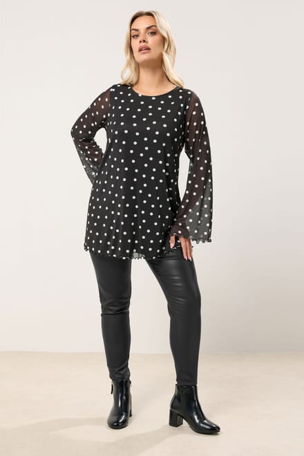 Yours Zwarte Polka Dot Mesh Swing Top Size 50-52