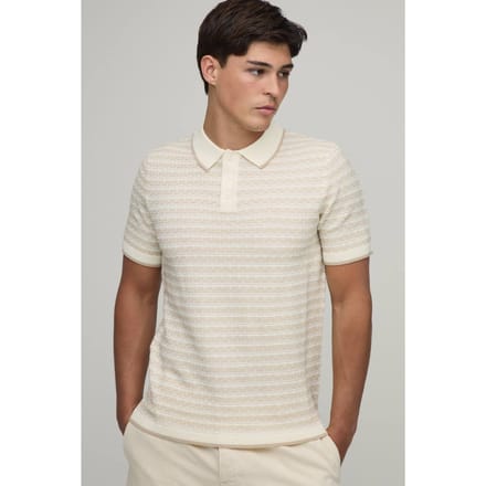 Regular Textured Stripe Knitted Polo T-Shirt | Stone | Size Medium