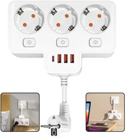 Stekkerdoos met USB - Wandmontage - 3 stopcontacten en 3 USB poorten