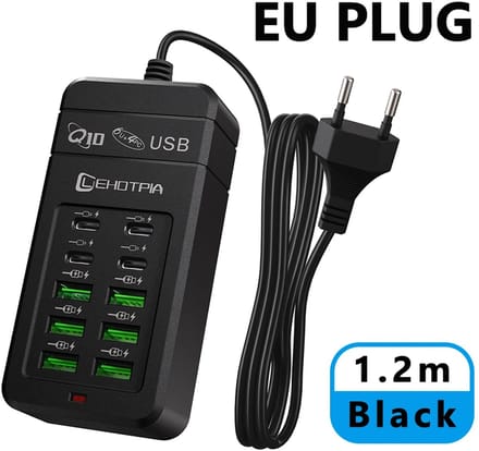 EU Plug Meerdere Snellader USB-Oplader met Verlengsnoer 6x USB-A & 4x USB-C 1,2 m - Zwart