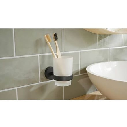Tesa Moon Serie - Zwart Uithouder met Glas - Bevestiging Zonder Boren - Modern Ontwerp