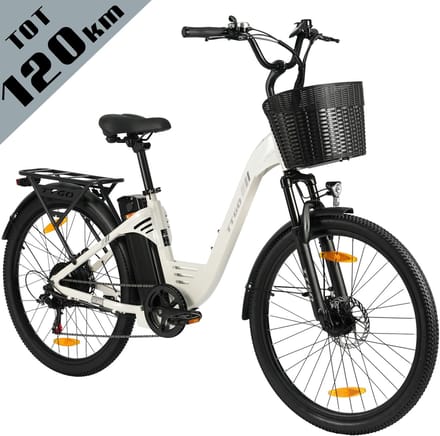 TTGO Elektrische Fiets - Tot 120 km Actieradius - 18Ah Accu - 26" stadsfiets - Shimano 7 Versnellingen - LCD Display - wit