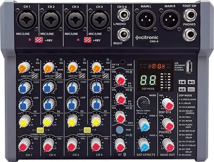 Citronic CMA-8 mixer met DSP, USB Play/Record/PC en Bluetooth 4 mono + 2 stereo