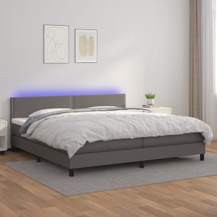 vidaXL - Boxspring - met - matras - en - LED - kunstleer - grijs - 200x200 - cm