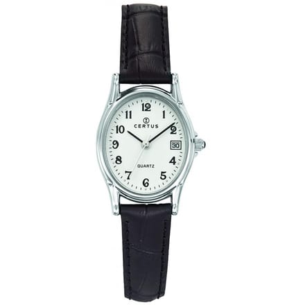 Certus-Duidelijk dames horloge met datum aanduiding-Zwart lederen band.