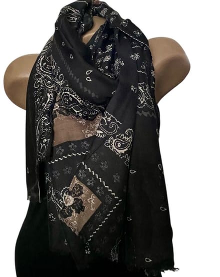 Sjaal met Paisley & Bloemenprint – 100% Viscose - Zwart