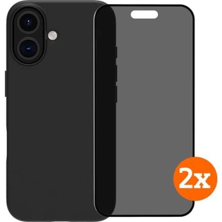 BlueBuilt Back Cover iPhone 16 Zwart + Privacy Filter Screenprotector Glas Duo Pack