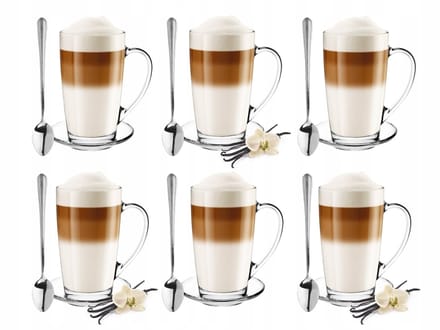 Set bevat 6 Alex Glazen Mokken met Schotels en Lepels - 400ml