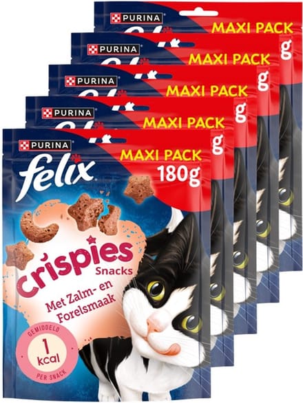 Felix Crispies Maxipack - Kattensnack - Kattensnoepjes - Zalm & Forel - 5 x 180g