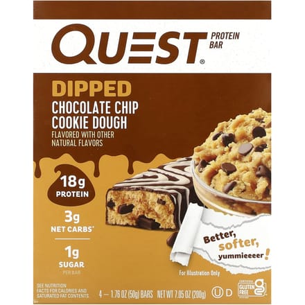 Quest Nutrition, Barre Protéinée, Pâte à Cookies aux Pépites de Chocolat Trempée, 4 Barres, 1,76 oz (50 grammes) Chaque