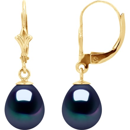 Oorbellen Dangle Kralen Freshwater 89mm Black Pears Geel Goud 18 Karaat