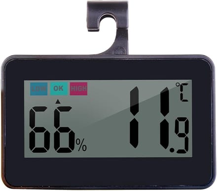 Klein geijkt digitale koelkastthermometer, temperatuursensor, thermometer, binnentester, vriesthermometer met gemakkelijk afleesbare lcd-display, digitale hydrometer, vocht (zwart)