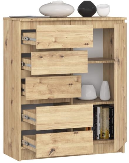 Multifunctionele Commode met 5 Laden en 1 Deur - 80 cm Breed - Perfect voor Woonkamer, Slaapkamer en Hal