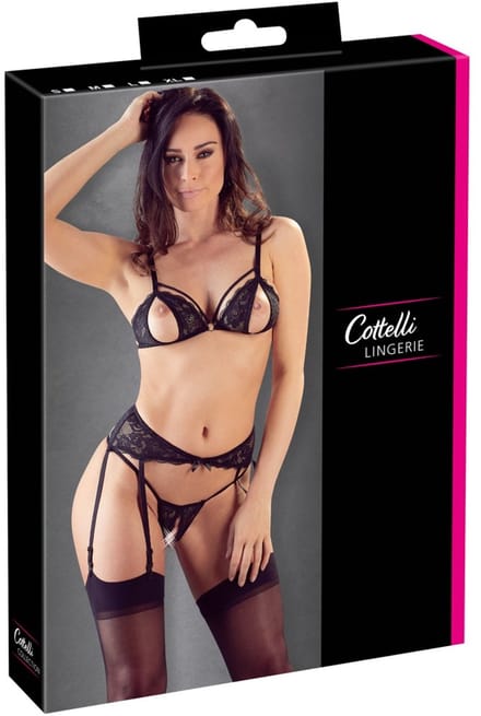 Cottelli Collection – Lingerie Jarretel Set met  Uitsparingen  – Maat L – Zwart