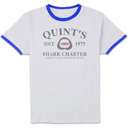 Jaws Quint's Shark Charter Unisex Ringer T-Shirt - White/Navy - M
