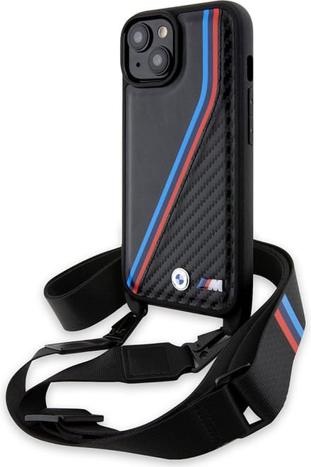 BMW M Edition Carbon Tricolor Lines & Strap case for iPhone 15 / 14 / 13 - black
