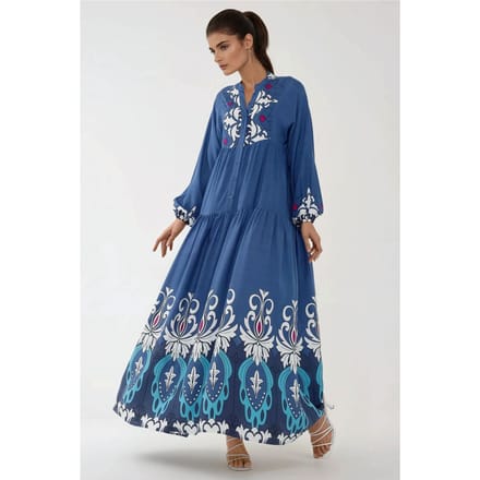 Gedrukte Lange Mouwen Viscose Maxi Jurk