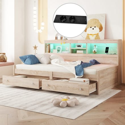 REDOM daybed 90x200 cm – Met 2 USB, 2 laadpoorten, LED – Spaanplaat + MDF – Natural