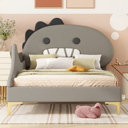 Kinderbed - 90x200 cm - Dinosaurus Vorm - Plat Model - Kunstleer - Grijs