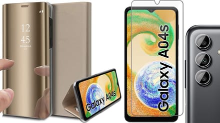 Hoesje geschikt voor Samsung Galaxy A04s / A13 5G - Screenprotector GlassGuard & Camera Lens Screen Protector - Book Case Spiegel Goud