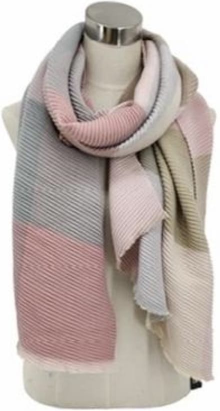 Sjaal-omslagdoek geribbeld-blokprint herfst-winter 210/70cm lichtroze